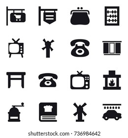 16 vector icon set : shop signboard, purse, abacus, tv, windmill, wardrobe, stool, phone, fireplace, hand mill, car wash
