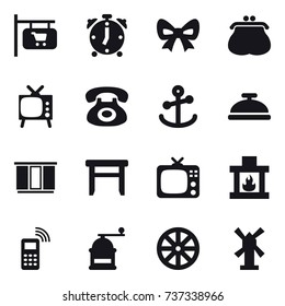 16 vector icon set : shop signboard, alarm clock, bow, purse, tv, service bell, wardrobe, stool, fireplace, hand mill, wheel, windmill