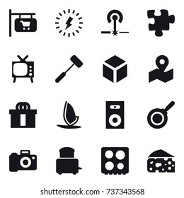 16 vector icon set : shop signboard, lightning, laser, puzzle, tv, 3d, windsurfing, speaker, pan, cheese