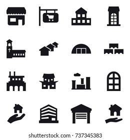 16 vector icon set : shop, shop signboard, cottage, building, church, houses, hangare, block wall, factory, japanese house, city, arch window, real estate, garage, housing