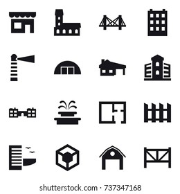 16 vector icon set : shop, mansion, bridge, building, lighthouse, hangare, house with garage, school, fountain, plan, fence, hotel, barn, farm fence