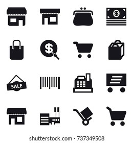16 vector icon set : shop, purse, money, shopping bag, dollar arrow, cart, sale, barcode, cashbox, delivery, mall