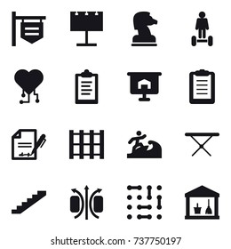 16 vector icon set : shop signboard, billboard, chess horse,  cardio chip, clipboard, presentation, surfer, iron board, stairs, utility room