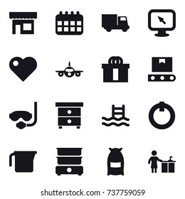 16 Vector Icon Set : Shop, Calendar, Truck, Monitor Arrow, Heart, Diving Mask, Nightstand, Pool, Measuring Cup, Flour, Kitchen Cleaning