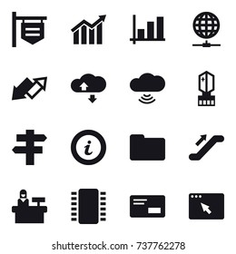 16 vector icon set : shop signboard, diagram, graph, globe connect, up down arrow, cloude service, cloud wireless, crystall  memory, singlepost, info, escalator, reception