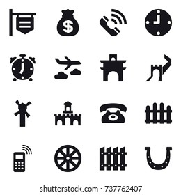 16 vector icon set : shop signboard, money bag, call, clock, alarm clock, journey, arch, greate wall, windmill, fort, phone, fence, wheel, horseshoe