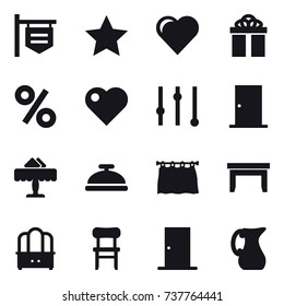16 vector icon set : shop signboard, star, heart, gift, percent, equalizer, door, restaurant, service bell, curtain, table, dresser, chair, jug