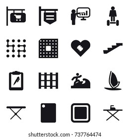 16 vector icon set : shop signboard, presentation, hoverboard, chip, cpu, stairs, surfer, windsurfing, iron board, cutting board