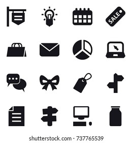 16 vector icon set : shop signboard, bulb, calendar, sale, shopping bag, mail, diagram, notebook, discussion, bow, label, signpost