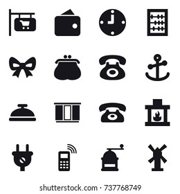 16 vector icon set : shop signboard, wallet, clock, abacus, bow, purse, service bell, wardrobe, phone, fireplace, hand mill, windmill
