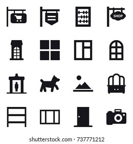 16 vector icon set : shop signboard, abacus, building, window, arch window, detector, dog, landscape, dresser, rack, door