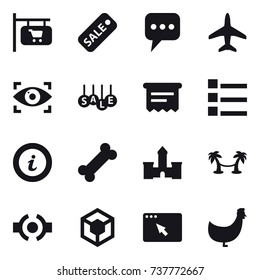 16 vector icon set : shop signboard, sale, message, plane, eye identity, atm receipt, list, info, castle, palm hammock, chicken