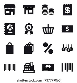 16 vector icon set : shop, coin stack, receipt, annual report, medal, basket, shopping bag, percent, sale, barcode, cashbox