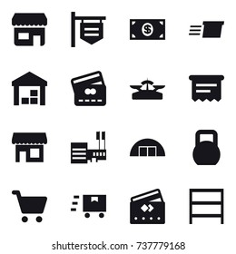 16 vector icon set : shop, shop signboard, money, delivery, warehouse, credit card, scales, atm receipt, mall, hangare, rack