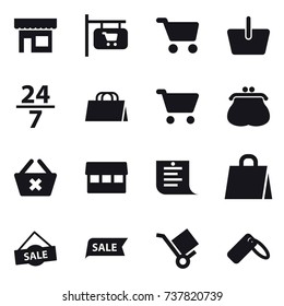 16 vector icon set : shop, shop signboard, cart, basket, 24/7, shopping bag, purse, delete cart, market, shopping list, sale