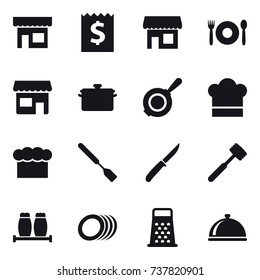 16 vector icon set : shop, receipt, cafe, pan, cook hat, chef  hat, spatula, knife, meat hammer