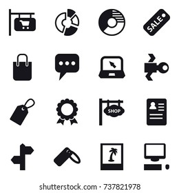 16 vector icon set : shop signboard, circle diagram, sale, shopping bag, message, notebook, satellite, label, medal, photo