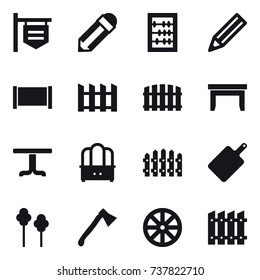 16 vector icon set : shop signboard, pencil, abacus, fence, table, dresser, cutting board, trees, axe, wheel