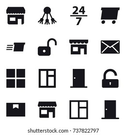 16 vector icon set : shop, share, 24/7, delivery, unlock, mail, window, door
