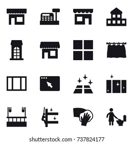 16 vector icon set : shop, cashbox, cottage, building, window, curtain, clean floor, clean  window, skyscapers cleaning, skyscrapers cleaning, wiping, toilet cleaning
