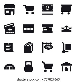16 vector icon set : shop, cart, money, delivery, credit card, market, market scales, scales, shopping list, shopping bag, store signboard, cargo stoller, hangare, warehouse