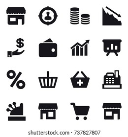 16 vector icon set : shop, target audience, coin stack, crisis, investment, wallet, diagram, presentation, percent, basket, add to basket, cashbox