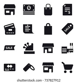 16 vector icon set : shop, money, shopping bag, account balance, credit card, shopping list, sale label, sale, cashbox, mall, cart