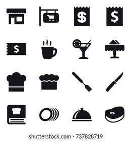 16 vector icon set : shop, shop signboard, receipt, hot drink, cocktail, restaurant, cook hat, chef  hat, spatula, knife