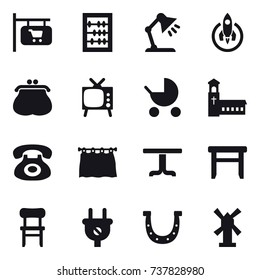 16 vector icon set : shop signboard, abacus, table lamp, rocket, purse, tv, baby stroller, church, curtain, table, stool, chair, horseshoe, windmill