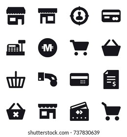 16 vector icon set : shop, target audience, card, cashbox, crypto currency, cart, basket, hand coin, credit card, account balance, delete cart