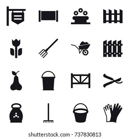 16 vector icon set : shop signboard, fence, flower bed, fork, wheelbarrow, pear, bucket, farm fence, pruner, fertilizer, rake, gloves