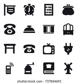 16 vector icon set : shop signboard, alarm clock, abacus, purse, service bell, wardrobe, dresser, stool, phone, tv, hand mill, windmill