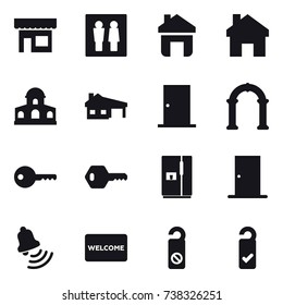 16 vector icon set : shop, wc, home, mansion, house with garage, door, arch, key, fridge, bell, welcome mat, do not distrub, please clean