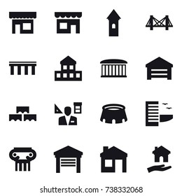 16 vector icon set : shop, tower, bridge, cottage, airport building, garage, block wall, architector, stadium, hotel, antique column, house, housing