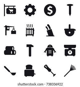 16 vector icon set : shop signboard, gear, dollar coin, nail, radiator, stands for knives, kitchen scales, ladle, rake