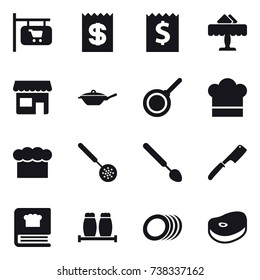 16 vector icon set : shop signboard, receipt, restaurant, shop, pan, cook hat, chef  hat, skimmer, big spoon, chef knife
