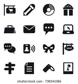 16 vector icon set : shop signboard, pencil, circle diagram, gift, shopping bag, mail, message, notebook, discussion, pass card, bow, singlepost, photo