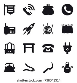 16 vector icon set : shop signboard, call, purse, phone, disco ball, curtain, dresser, stool, kettle, walnut crack, sickle, apron