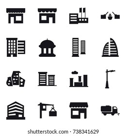 16 vector icon set : shop, store, drawbridge, houses, goverment house, skyscrapers, skyscraper, modern architecture, district, city, outdoor light, sweeper