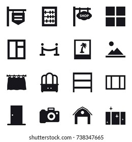 16 vector icon set : shop signboard, abacus, window, vip fence, photo, landscape, curtain, dresser, rack, door, barn, clean  window