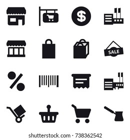 16 vector icon set : shop, shop signboard, dollar, store, market, shopping bag, sale, percent, barcode, atm receipt, mall, cart, turk