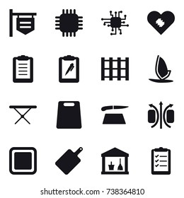 16 vector icon set : shop signboard, chip, windsurfing, iron board, cutting board, utility room, clipboard list
