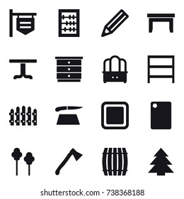 16 vector icon set : shop signboard, abacus, pencil, table, chest of drawers, dresser, rack, fence, cutting board, trees, axe, barrel, spruce