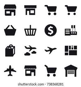16 vector icon set : shop, cart, basket, dollar coin, store, shopping bag, journey, airplane, garage