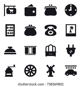 16 vector icon set : shop signboard, wallet, purse, clock, abacus, photo, service bell, wardrobe, dresser, hand mill, wheel, windmill, car wash