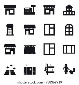 16 vector icon set : shop, cashbox, cottage, building, window, arch window, curtain, clean floor, clean  window, skyscrapers cleaning, toilet cleaning
