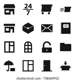 16 vector icon set : shop, 24/7, delivery, box, mail, copybook, window, arch window, unlock, door, package