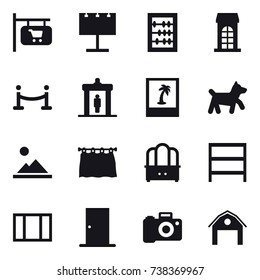 16 vector icon set : shop signboard, billboard, abacus, building, vip fence, detector, photo, dog, landscape, curtain, dresser, rack, window, door, barn