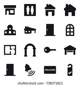 16 vector icon set : shop, wc, home, mansion, house with garage, door, arch window, plan, arch, key, garage, bell, welcome mat, please clean