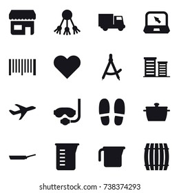 16 vector icon set : shop, share, truck, notebook, barcode, draw compass, district, diving mask, slippers, pan, measuring cup, barrel